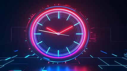 Neon clock with vibrant colors displays time in a futuristic digital setting with glowing elements - Powered by Adobe