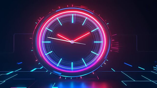Neon clock with vibrant colors displays time in a futuristic digital setting with glowing elements - Powered by Adobe