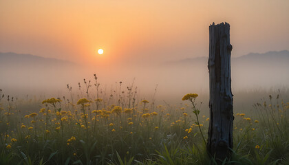 misty morning sunrise over swamp