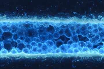 An abstract and striking image of a luminous, glowing blue tunnel with texture and depth, resembling a microscopic view. It evokes a sense of mystery and scientific curiosity