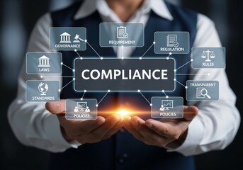 Compliance rules law regulation policy business. Businessman hold virtual compliance icons for enforcement of laws, regulations, and standards.