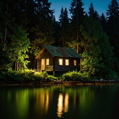 Obraz premium A cozy cabin glows warmly at night, nestled by a tranquil lake, its reflection shimmering on the water's surface under a starlit sky.