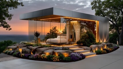 Modern glass bedroom overlooking mountain and lake high resolution wallpaper