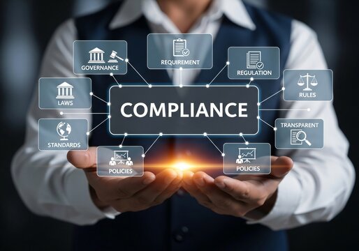 Compliance rules law regulation policy business. Businessman hold virtual compliance icons for enforcement of laws, regulations, and standards.