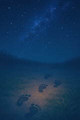 Footprint trail under starry night sky with glowing path and grass