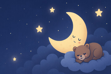 Sleeping bear on cloud with crescent moon and stars in night sky, peaceful and cute
