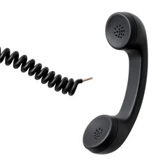 Black vintage telephone handset with broken coiled cord isolated on transparency background