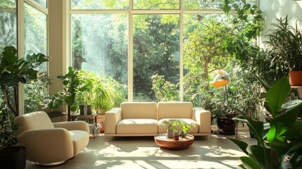Fototapeta premium 16.A fresh and homely living room featuring a minimalist design with sleek furniture in neutral tones, a variety of indoor plants, and an open, sunlit atmosphere framed by expansive glass windows.