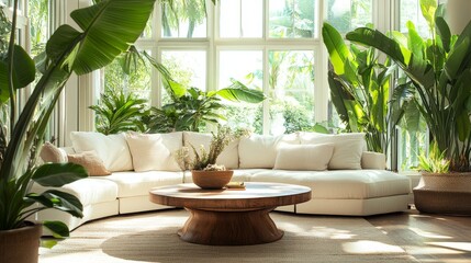 18.An airy and inviting living room design with a focus on greenery, featuring a white modular sofa, a round wooden table, and large leafy plants by the windows that brighten the space with natural