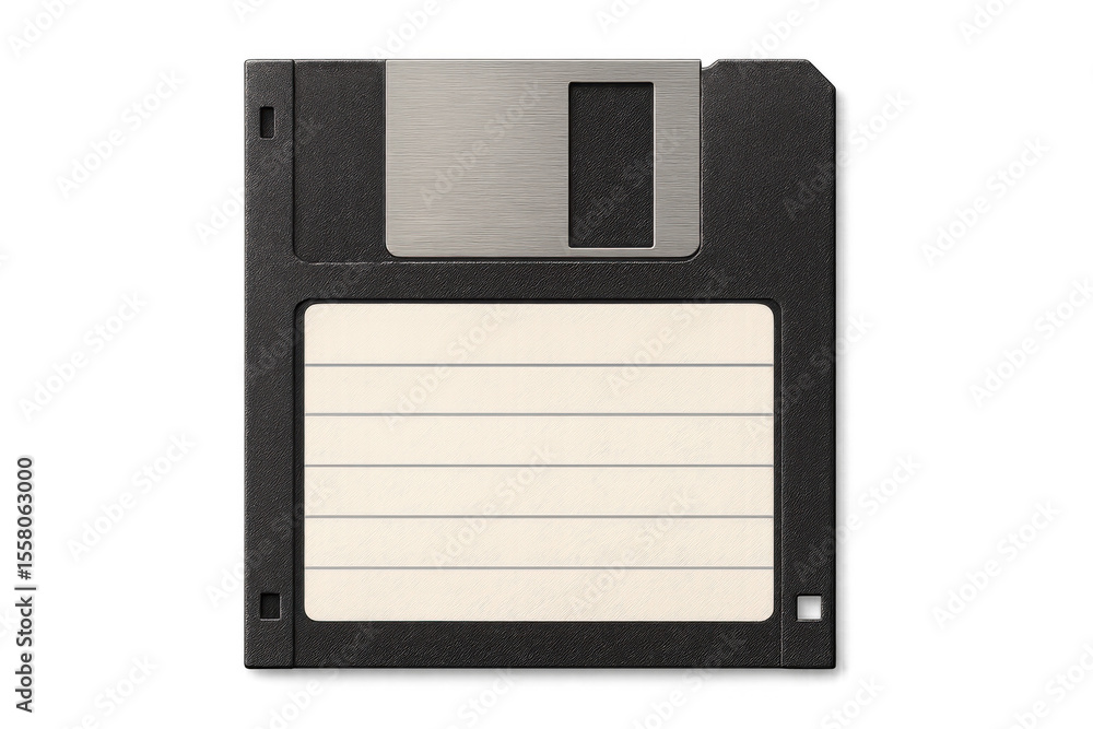 Poster close-up of a 3.5-inch floppy disk on a transparent background, representing data storage and retrie