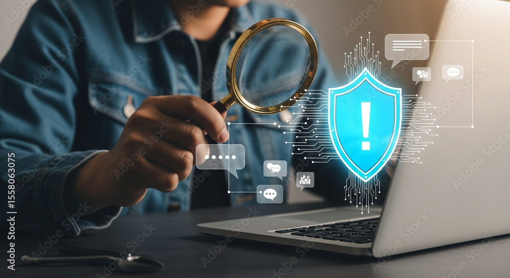 Aufkleber person using magnifying glass to examine security shield on laptop screen for vulnerabilities