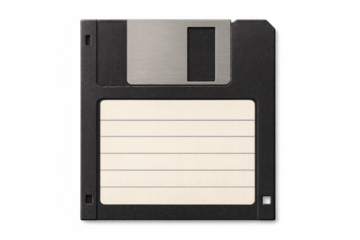 Close-up of a 3.5-inch floppy disk on a transparent background, representing data storage and retrieval in vintage computer technology