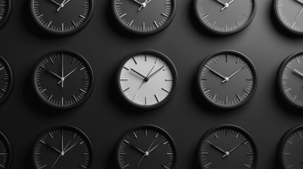 58.A vector design displaying an array of minimalistic wall clocks, each with distinct dials in monochromatic black and white tones, highlighted with precision detailing and soft reflections.