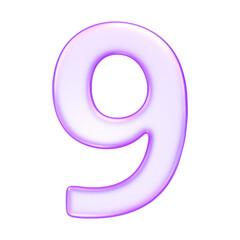 Number nine in translucent glassmorphism purple styl, useful for infographics, UI ranking, or step indicators, 3d rendering