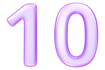 Number ten in translucent glassmorphism purple styl,representing completion, full steps, or top ranking in numeric visuals, 3d rendering