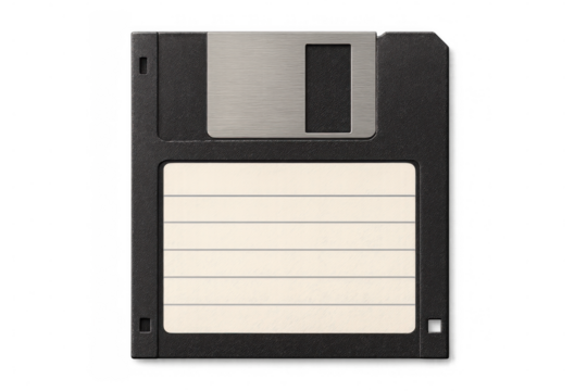Close-up of a 3.5-inch floppy disk on a transparent background, representing data storage and retrieval in vintage computer technology