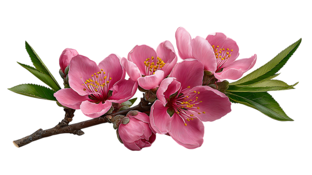 Delicate pink peach blossoms with green leaves on a branch isolated on transparent background