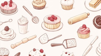 93.Stylish vector designs showcasing bakery items such as layered cakes, tarts, and muffins, each surrounded by hand-drawn kitchen tools like rolling pins and whisks, with soft beige and pink tones