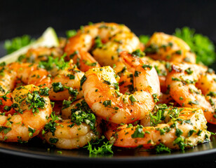 Lime and dill chimichurri shrimp isolated on a black background