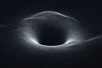 An artistic representation of a black hole in space, showcasing its gravitational pull. The image depicts a dark vortex and a swirling grid