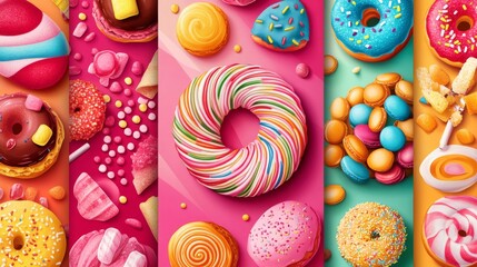 97.Set of sweet, candy, and bakery shop flyers, banners. Collection of pages for kids menu, cafe, posters. Pastry, macaroons, and donuts, lollipop shop cards, cafeteria advertisement. Template vector
