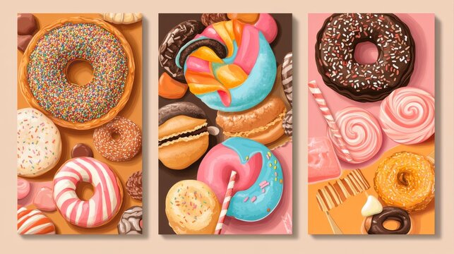 97.Set of sweet, candy, and bakery shop flyers, banners. Collection of pages for kids menu, cafe, posters. Pastry, macaroons, and donuts, lollipop shop cards, cafeteria advertisement. Template vector