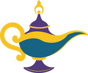 A stylized magical genie lamp with purple and gold accents isolated on white background