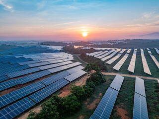 Photovoltaic panels on a hillside at sunrise