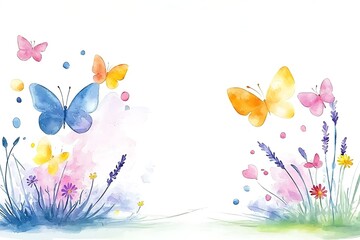 Fototapeta premium Elegant Watercolor Butterflies and Flowers with Soft Pastel Colors in Scenic Background
