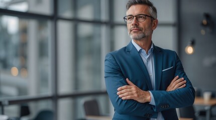 Portrait motivated executive confident senior business man specialist looking dreaming at copy space. Insipired mature middle age boss, leader, ceo male businessman in office