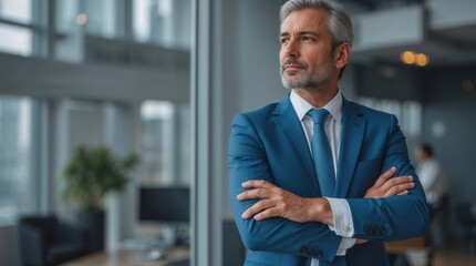 Fototapeta premium Portrait motivated executive confident senior business man specialist looking dreaming at copy space. Insipired mature middle age boss, leader, ceo male businessman in office
