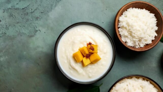 Exotic dessert featuring coconut milk pudding topped with ripe mango cubes and rice served in wooden bowls on a patterned backdrop