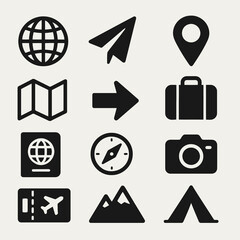 Black set of 12 exploration icons. Minimal vector for travel, direction and vacation themes.