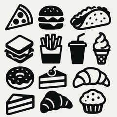12 black food icons. Solid vector for snacks, meals, and fast food themes.