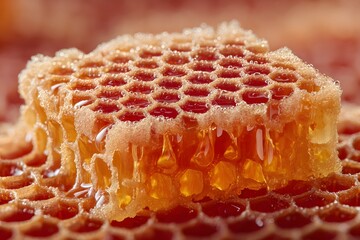 Close-up view of a honeycomb with flowing golden honey and the unique honeycomb structure. This image captures the natural beauty and sweetness of honeycomb. 