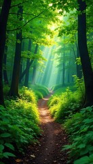 Fototapeta premium Serene Forest Trail Sunlight Dapples Lush Greenery, Winding Path Invites Hiking Adventure