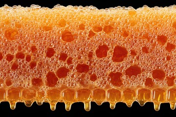 A close-up view of honeycomb with dripping honey, showcasing its natural texture and golden hue