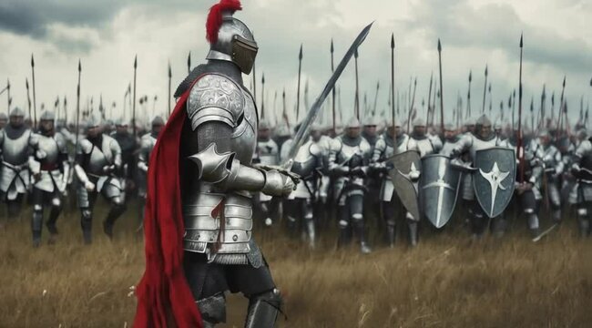 Knight in Armor Leading an Army of Warriors into Battle