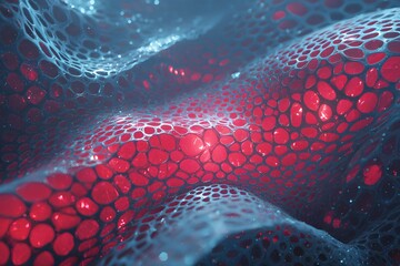 Abstract image of cellular structure with red color highlights