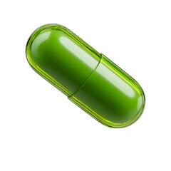 A vibrant glossy green capsule shaped medication floating in a minimalist studio like setting against a clean white background