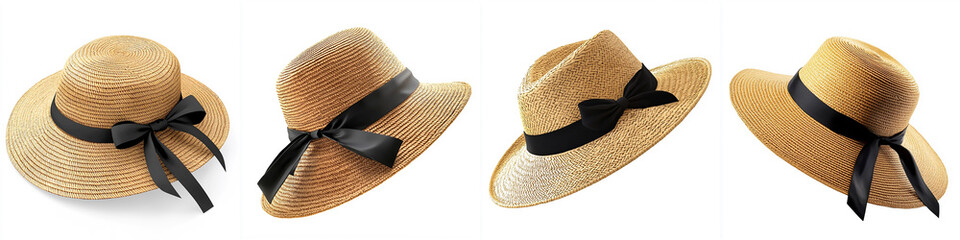 classic straw sun hat with black ribbon on white background.
