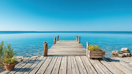 Fototapeta premium Wooden dock extending into a tranquil azure sea.