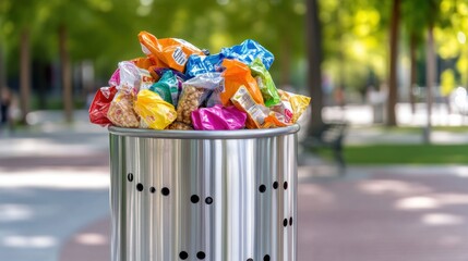 A metal trash can overflowing with colorful crumpled snack wrappers in a city park