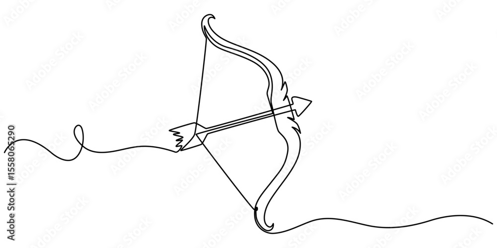 Poster continuous one line drawing the bow and arrows are in the quiver. classic weapons that remain in use