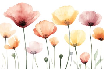 Obraz premium Elegant Watercolor Flower Arrangement with Various Colors and Shapes on a White Background