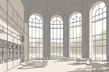 A simple drawing modern library with large windows and an open layout