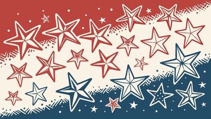 Patriotic stars in red, white, and blue cascade across a textured background for a celebratory, festive design.
