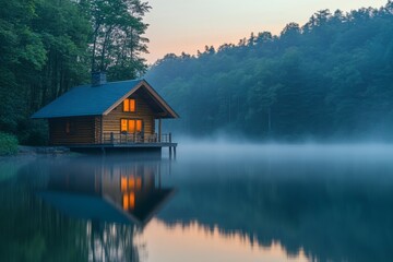Fototapeta premium Wooden house by the lake surrounded by mist and forest at dawn