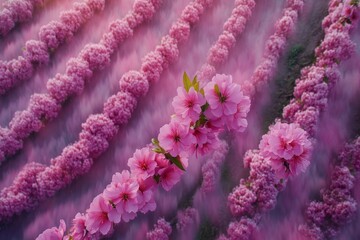 Rows of pink blooming flowers growing in a vibrant field