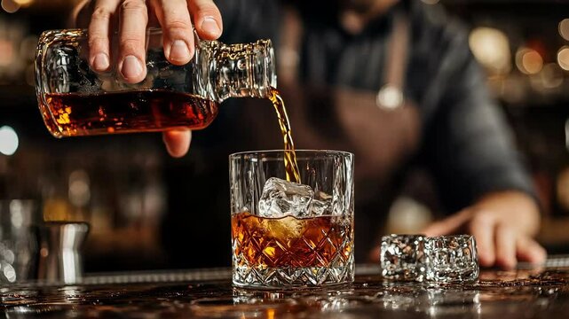 A bartender pours whiskey into a glass over ice in a bar setting.